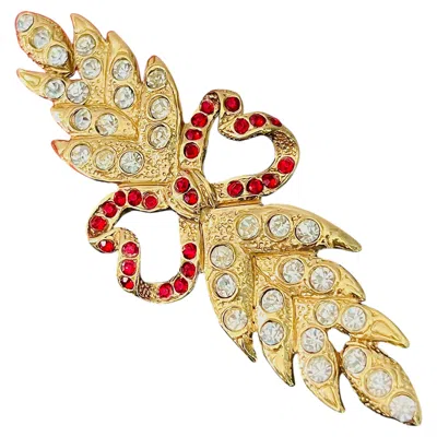 Pre-owned Saint Laurent Yves  Ysl Vintage Rare Gold Red Ruby Heart Crystals Feather Brooch