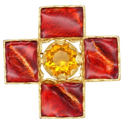 Pre-owned Saint Laurent Yves  Ysl Vintage Rare Gripoix Cross Red Gold Pendant Chunky Brooch