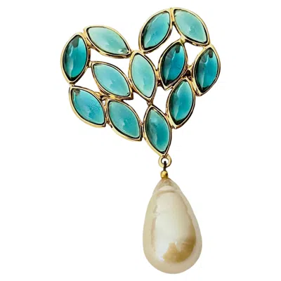 Pre-owned Saint Laurent Yves  Ysl Vintage Rare Turquoise Heart Crystals Pearl Chunky Brooch In Multi