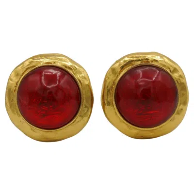 Pre-owned Saint Laurent Yves  Ysl Vintage Red Resin Cabochon Logo Clip-on Earrings