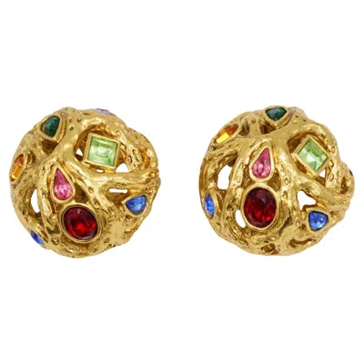 Pre-owned Saint Laurent Yves  Ysl Vintage Ruby Emerald Sapphire Dome Openwork Gold Earrings In Green