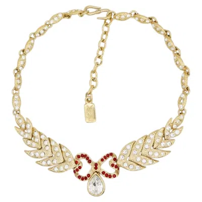 Pre-owned Saint Laurent Yves  Ysl Vintage Ruby Love Feather Heart Bow Crystals Necklace In Multi