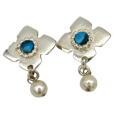 Pre-owned Saint Laurent Yves  Ysl Vintage Silver Tone And Pearl Dangling Earrings In Multi