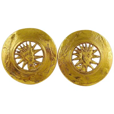 Pre-owned Saint Laurent Yves  Ysl Vintage Sun Face Disc Clip On Earrings In Brown