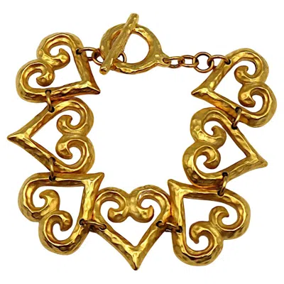 Pre-owned Saint Laurent Yves  Ysl Vintage Textured Gold Tone Heart Link Bracelet In Multi