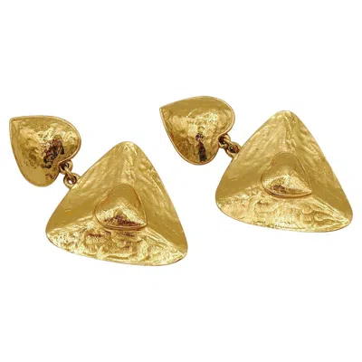 Pre-owned Saint Laurent Yves  Ysl Vintage Textured Gold Toned Heart Dangling Earrings In Multi