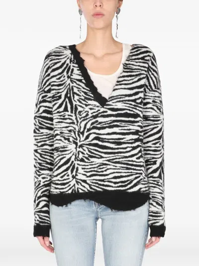 Saint Laurent Zebra-print V-neck Sweater In Black