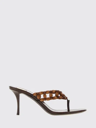 Saint Laurent Zina Beaded Leather And Wood Thong Sandals With Mid Heel In Brown