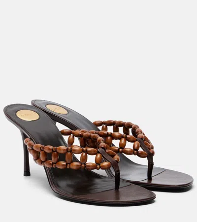 Saint Laurent Zina Beaded Leather And Wood Thong Sandals With Mid Heel In Brown