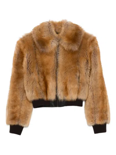Saint Laurent Zip-front Shearling Jacket In Multi
