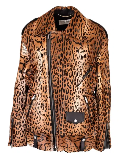 Saint Laurent Zip-up Animal-print Jacket In Brown