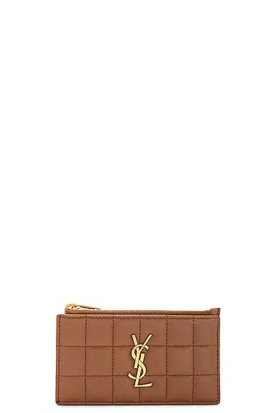 Saint Laurent Zipped Cassandre Fragments Credit Card Case In Brown