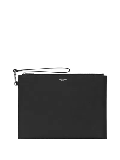 SAINT LAURENT ZIPPED TABLET HOLDER IN GRAIN DE POUDRE-LEATHER
