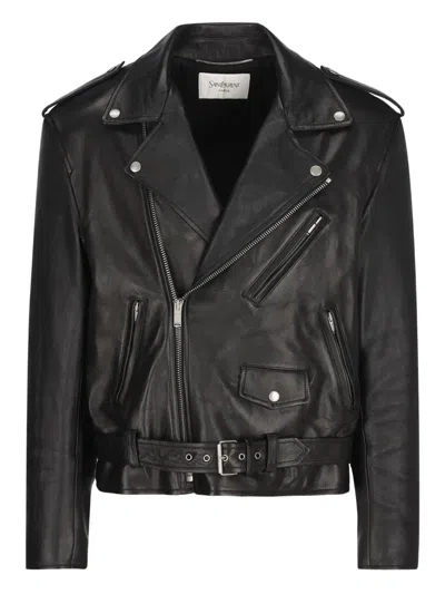 Saint Laurent Zipped Two-away Collar Leather Jacket In Black