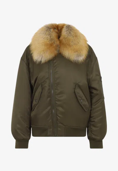 Saint Laurent Zip-up Bomber Jacket With Fur Collar In Green