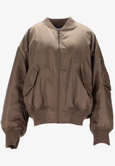Saint Laurent Zip-up Bomber Jacket With Sleeve-pocket In Brown