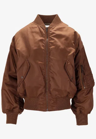 Saint Laurent Zip-up Padded Bomber Jacket In Brown