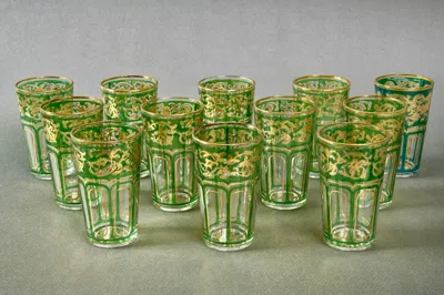 Pre-owned Saint Louis 1910s  French Crystal Green Gilded Tumblers Set Of 12
