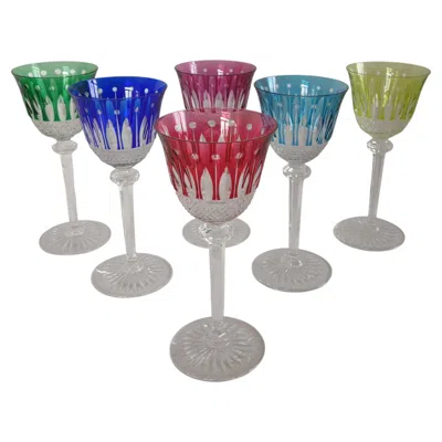 Pre-owned Saint Louis A Set Of 6 Tall Colored Cut Crystal Wine Glasses - St Louis - Tommy Pattern In Gray