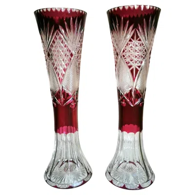 Pre-owned Saint Louis Art Deco  Style Pair Of French Cut And Grinded Lead Crystal Vases In Transparent