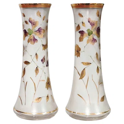 Pre-owned Saint Louis Art Nouveau Frosted Glass Vases With Fine Gilded And Enamelled Floral D�cor In Beige
