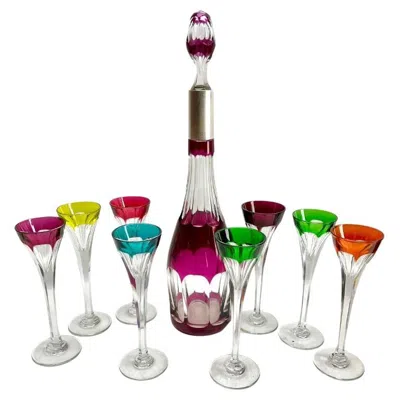 Pre-owned Saint Louis Crystal Carafe Silver Mount And Stopper Set Of 8 Small Wine Liqueur Glasses In Sand