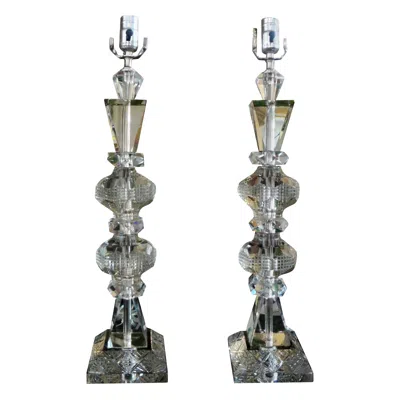 Pre-owned Saint Louis Large Pair Of Geometric Cut Crystal Lamps In Black