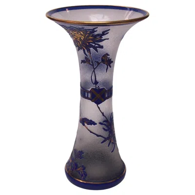 Pre-owned Saint Louis Large  Crystal Blue And Clear Cameo Vase -butterfly & Flowers C1910