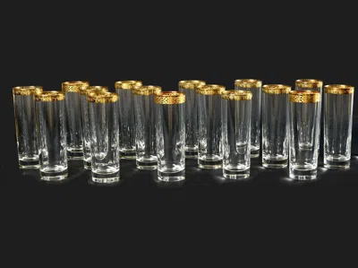 Pre-owned Saint Louis Model Set Of 16 French Mid-century Gilded Classic Glasses In Black