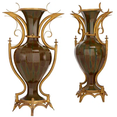 Pre-owned Saint Louis Pair Of Rare Gilt Bronze Mounted Antique French Lithyalin Glass Vases In Gold