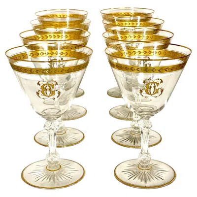 Pre-owned Saint Louis Set Of Eight Antique Crystal Gilded Glasses In The  Style In Sand