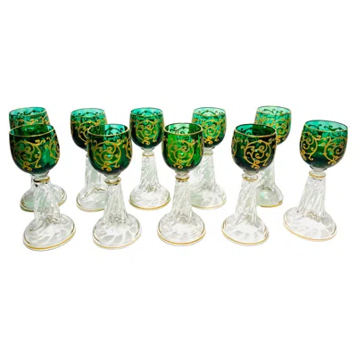 Pre-owned Saint Louis Ten Antique French Green Raised Gold Wine Glasses, Circa 1890