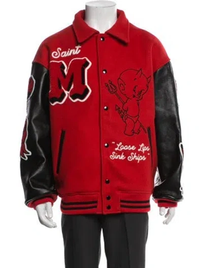Pre-owned Saint Michael Wool Patterned Varsity Jacket W/ Tags In Red