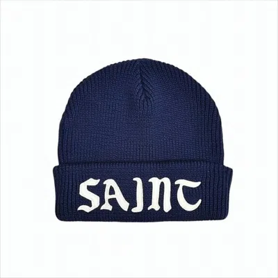 Saint Mxxxxxx Chunky Knit Wool Beanie With Gothic Lettering In Blue