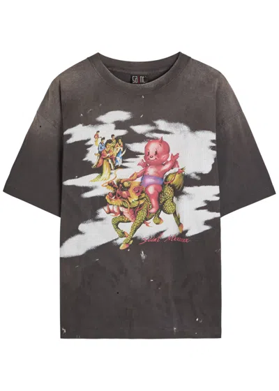 Saint Mxxxxxx Damaged Printed Cotton T-shirt In Gray