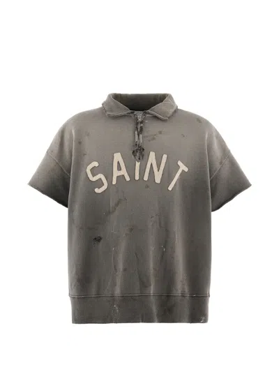 Saint Mxxxxxx Distressed Half-zip Polo Shirt In Gray