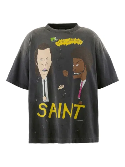 Saint Mxxxxxx Rapture Distressed Paint-splattered Printed Cotton-jersey T-shirt In Gray