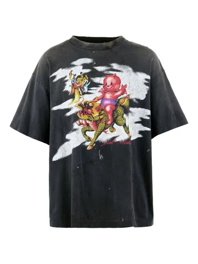 Saint Mxxxxxx Distressed Paint-splattered Printed Cotton-jersey T-shirt In Gray