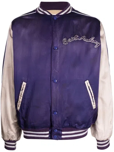 Saint Mxxxxxx Distressed Appliquéd Cotton-blend Satin Bomber Jacket In Purple