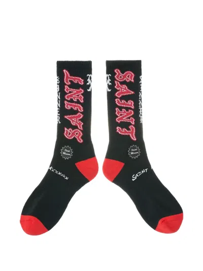 Saint Mxxxxxx Logo-intarsia Ribbed-knit Socks In Black