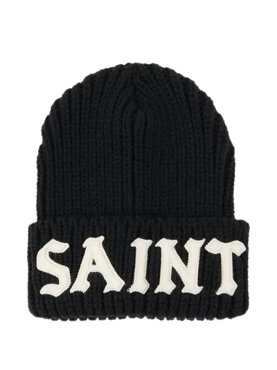 Saint Mxxxxxx Logo-patch Ribbed-knit Beanie Hat In Black