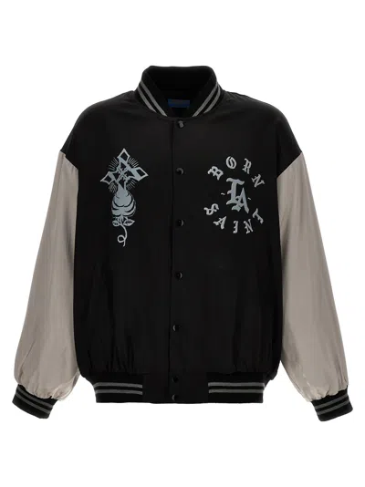 Saint Mxxxxxx Printed Satin Bomber Jacket In Black