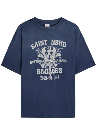 Saint Mxxxxxx Neighborhood Distressed Logo-print Cotton-jersey T-shirt In Blue