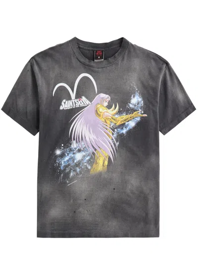 Saint Mxxxxxx Saint Seiya Printed Distressed Cotton T-shirt In Black