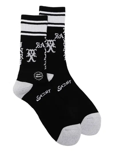 Saint Mxxxxxx Stripe Logo-embridered Socks In Black