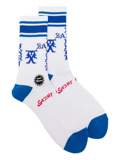 Saint Mxxxxxx Striped Logo-embroidered Socks In Blue