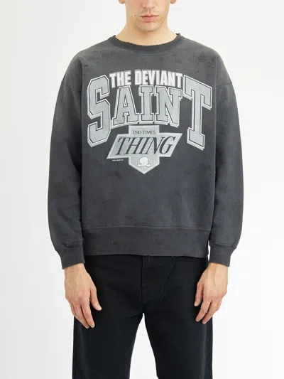 Saint Mxxxxxx The Deviant Distressed Logo-print Cotton-jersey Sweatshirt In Gray