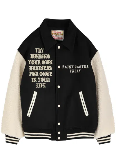 Saint Mxxxxxx Ens Black Logo-embroidered Loose-fit Wool-blend Bomber Jacket