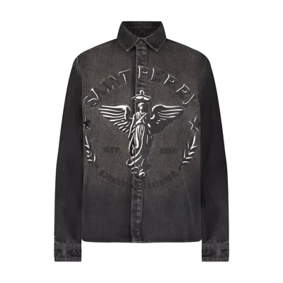 Saint Perry Men's Black Angel Embroidered Denim Shirt