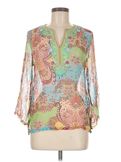 Pre-owned Saint Tropez West 3/4 Sleeve Silk Top Green Plunge Neckline Tops